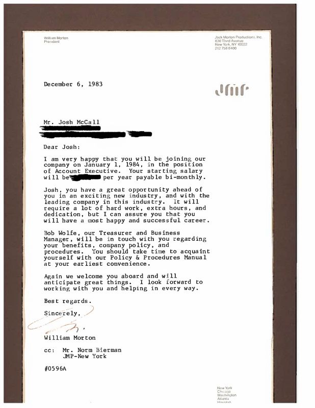 Josh McCall's offer letter from Jack Morton
